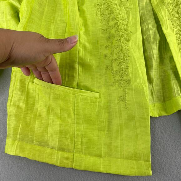 Chico's Lime Green Linen Blend Crinkle Embroidered Open Jacket Women's 3 (XL/16) - Picture 5 of 15